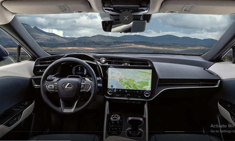 The interior of the Lexus RZ 450e is dominated by a new yoke steering wheel 