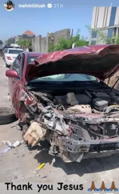 Actor Melvin Oduah’s car after accident