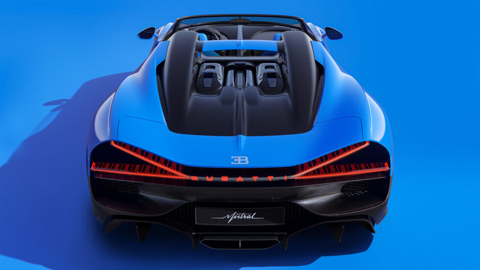 back view Blue painted Bugatti W16 Mistral