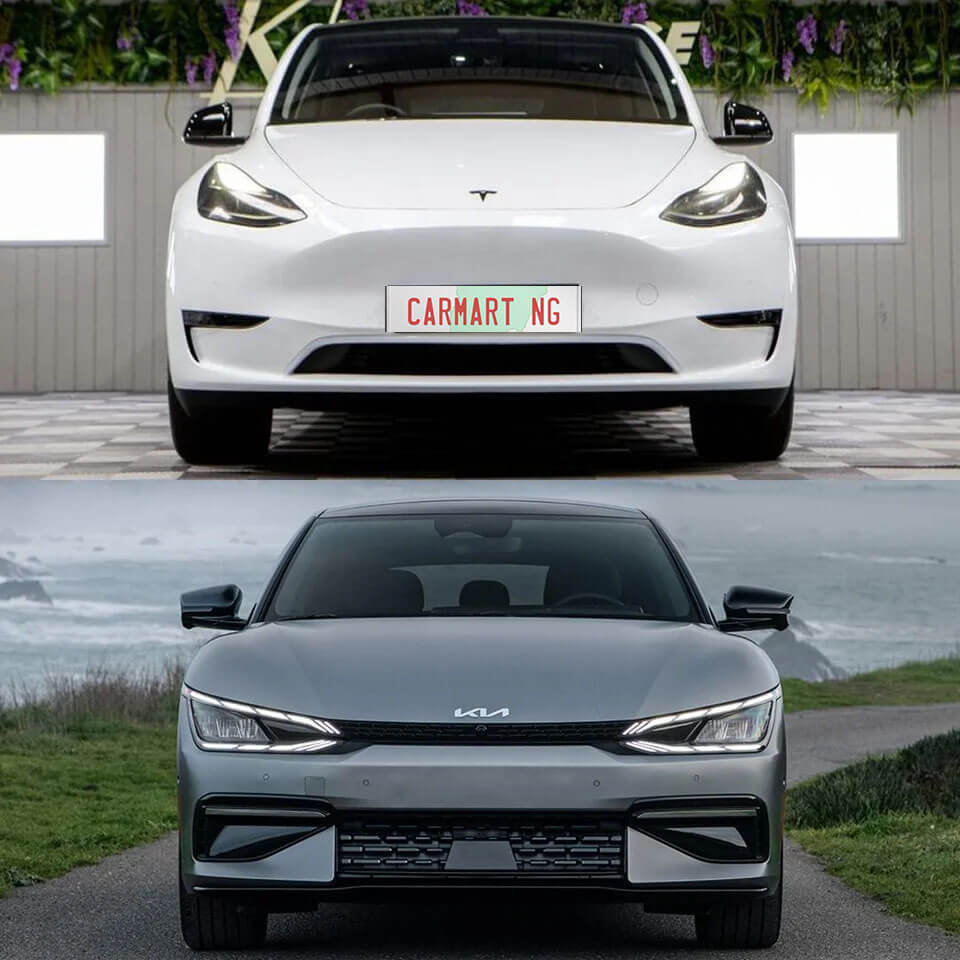 Kia EV6 and Tesla Model Y front view