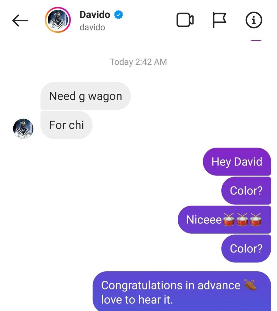 chat between Davido and the celebrity auto dealer and Auto Queen ADESUWA AUTOS 