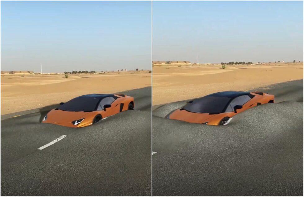 Lamborghini driving in the desert before the tarmac turns into liquid