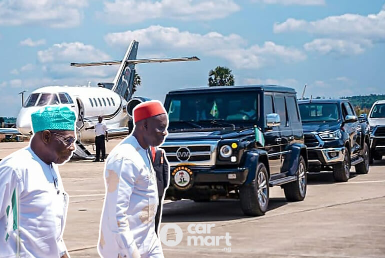 The Moment Soludo Receives Obasanjo, Others At Anambra Airport, Ex-president Rides In Armored Innoson IVM G80