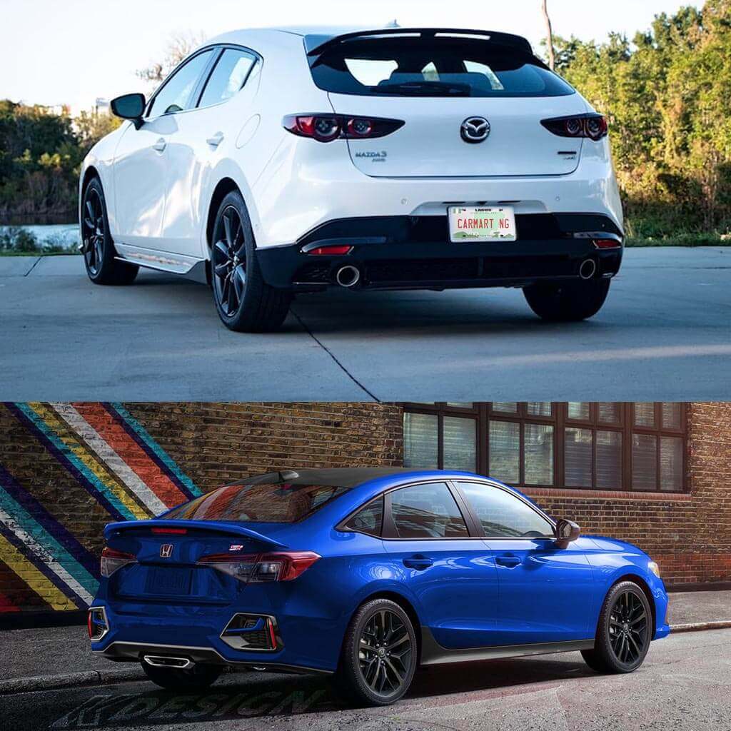 2023 Honda Civic Vs. 2023 Mazda 3 back view