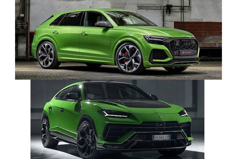 An image showing a green Lamborghini Urus & Audi RS Q8