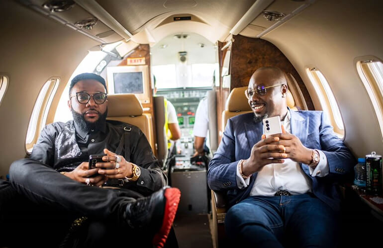 Obi Cubana, Emoney Pull Up in Private Jet As Real Warri Pikin, Husband Renew Vow