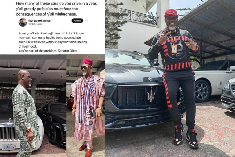 Angry Nigerians drag Sen Dino Melaye for showing off his 3 Rolls Royce’s worth over N1Billion