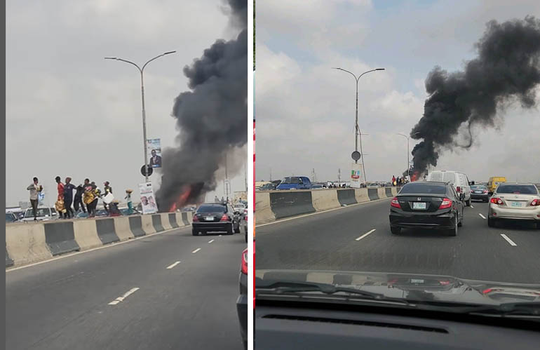 Bus burst into flames on Third Mainland Bridge In-ward Island