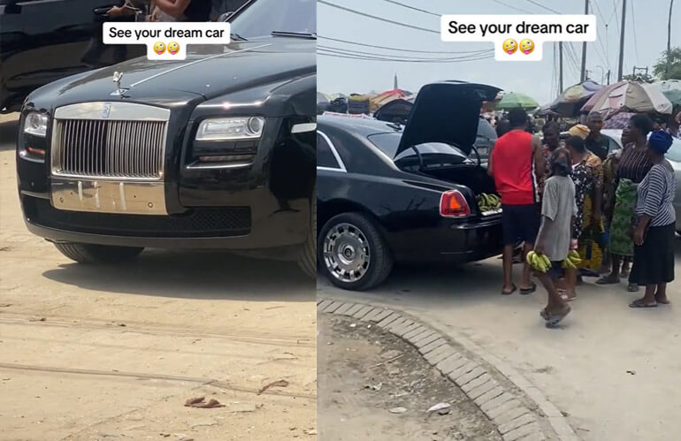 Businessman captured using a Rolls Royce Ghost to sell plantain at a local market in Nigeria