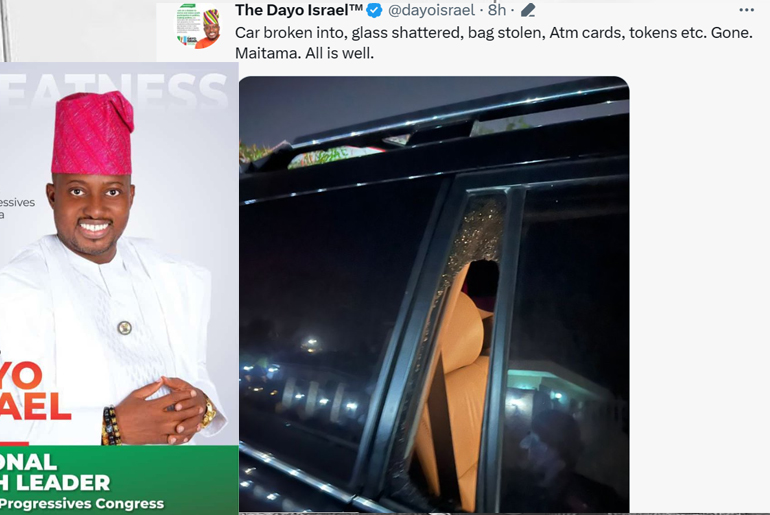 Car broken into, glass shattered, bag stolen - APC national youth leader's car burgled in Abuja