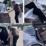 An image showing Elon Musk entering a bullet-proofed Tesla.