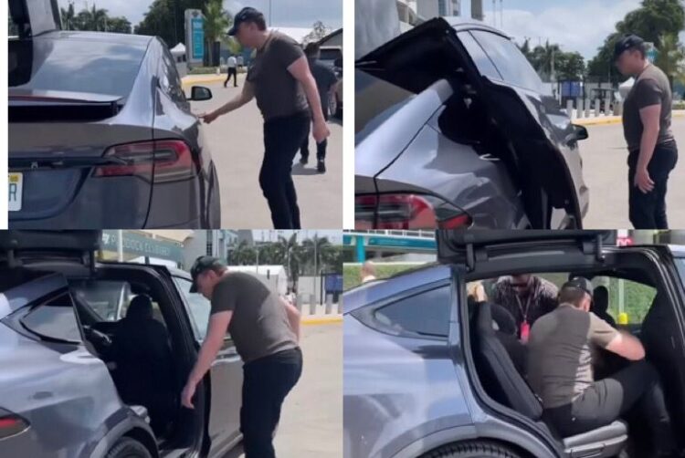 An image showing Elon Musk entering a bullet-proofed Tesla.