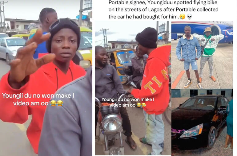 Eyewitness Spots Portable signee, Youngiduu flying Okada bike on the streets of Lagos after Portable allegedly collected the car he had bought for him