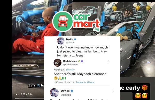 Fans React as Davido Laments over the Cost Of Clearing Lamborghini