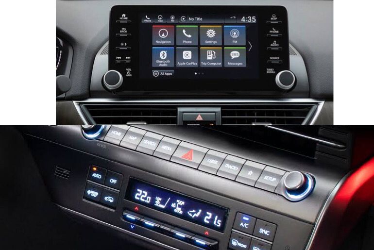 An image showing a button and touchscreen car infotainment display