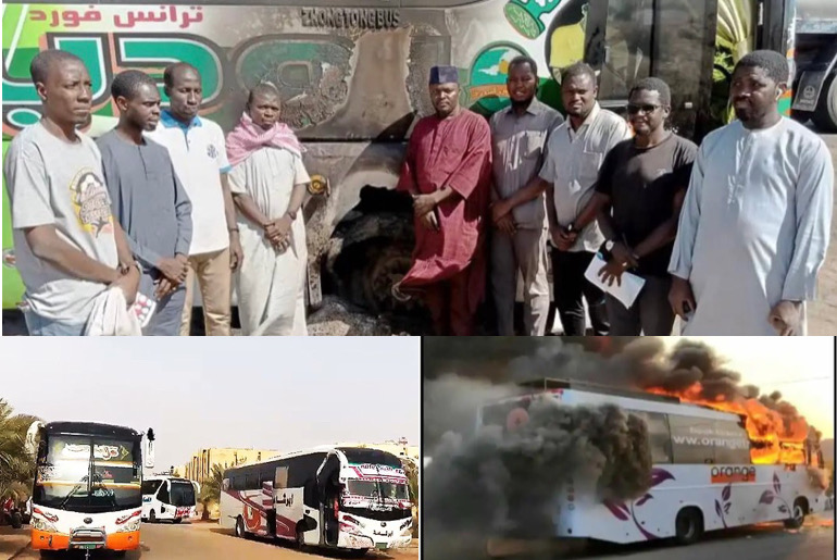 A picture of a bus conveying Nigerians from Sudan catching fire