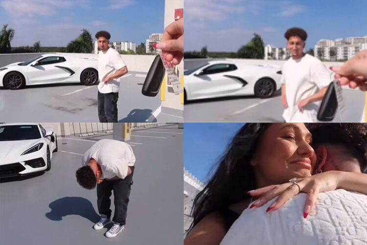 A picture showing a young woman gifting her boyfriend a car