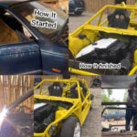 A picture showing the before and after process of building a race car