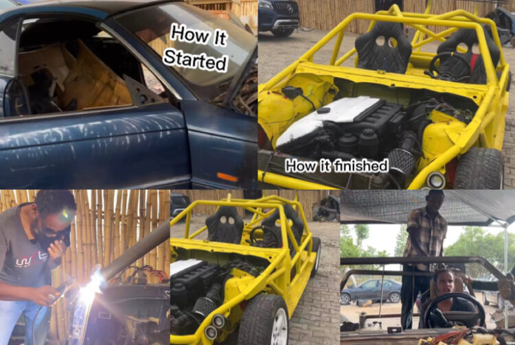 A picture showing the before and after process of building a race car