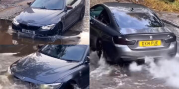 An image showing the BMW M5 soaked inside water.