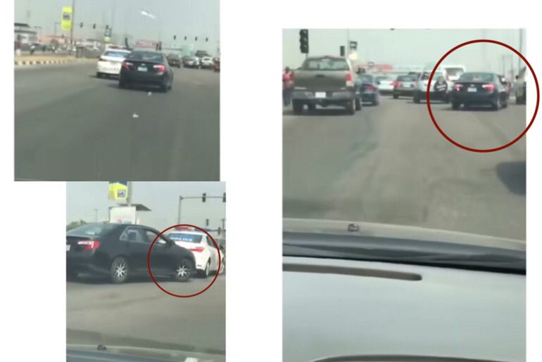 An image showing Lagos police vehicle chasing a driver inside traffic.