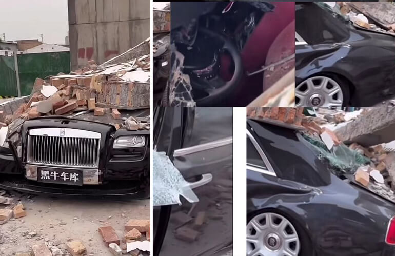 Man Cries Over Millions of Naira Worth Rolls-Royce Damaged By A Collapsed Building, Video Goes Viral