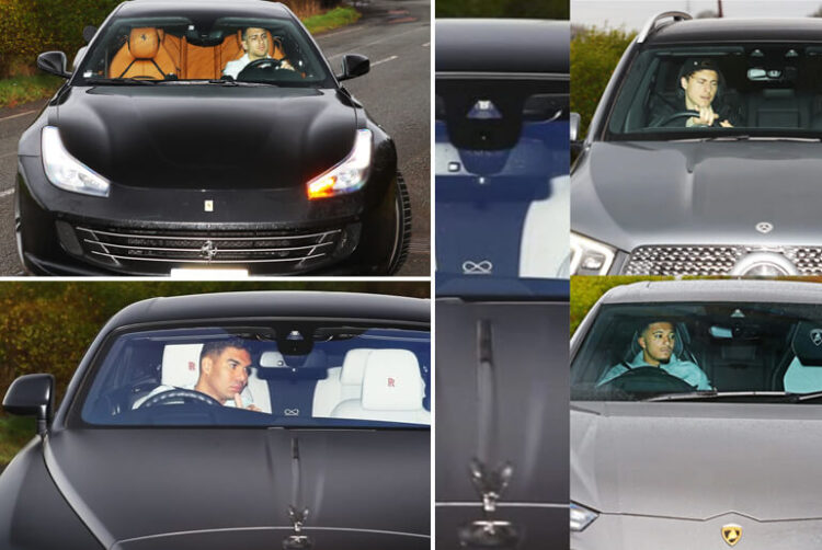 Manchester UTD players arrive training in exotic cars hours after they were thrashed 7-0 by Liverpool