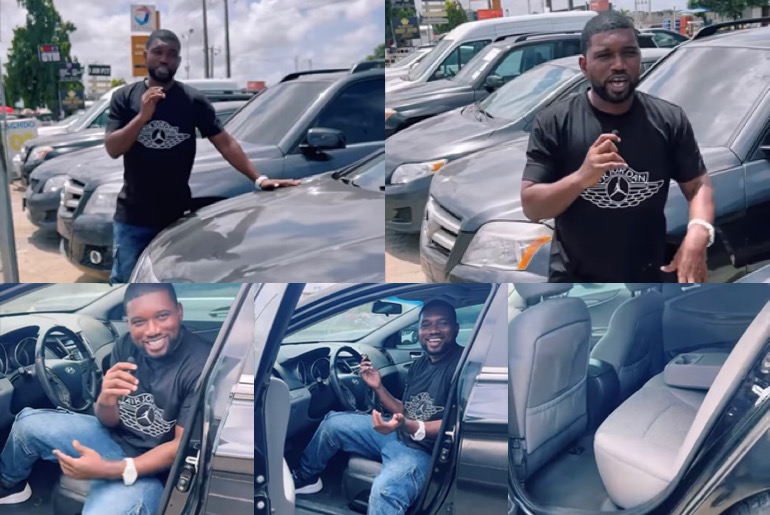 A picture showing a man showing off a car.