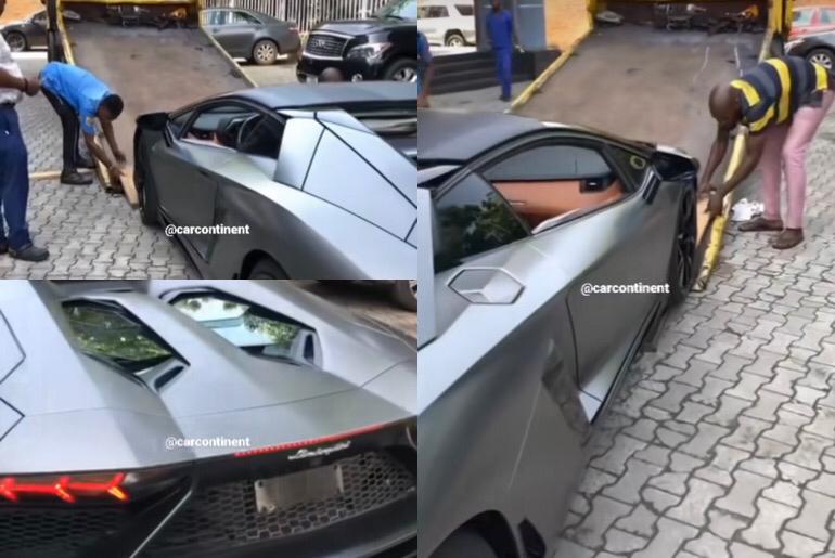 An image showing a Lamborghini Aventador arrive Nigeria.