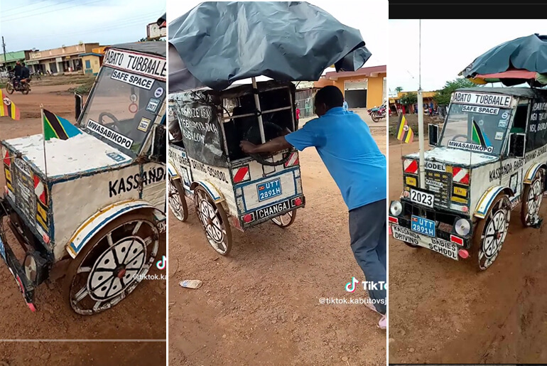 Nigerian Boy Builds Jeep From Scratch, Adults Help Him Push The Vehicle