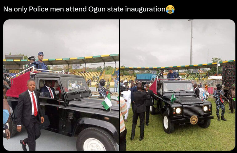 “Bad Roads, Na Why Governor Use Safari Truck Come Inauguration”: Ogun State Governor Arrived Inauguration Ground in a Safari Truck 