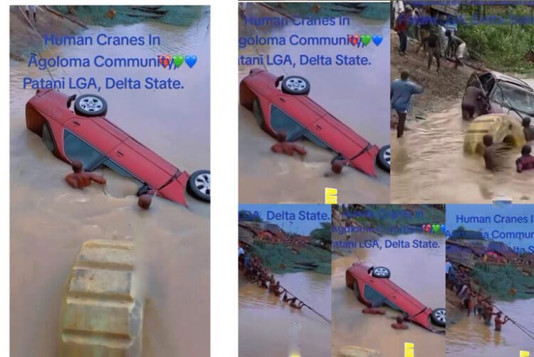 Powerful Nigerians Turn Into Human Crane, Pulls Out a Drowning Car in Delta State