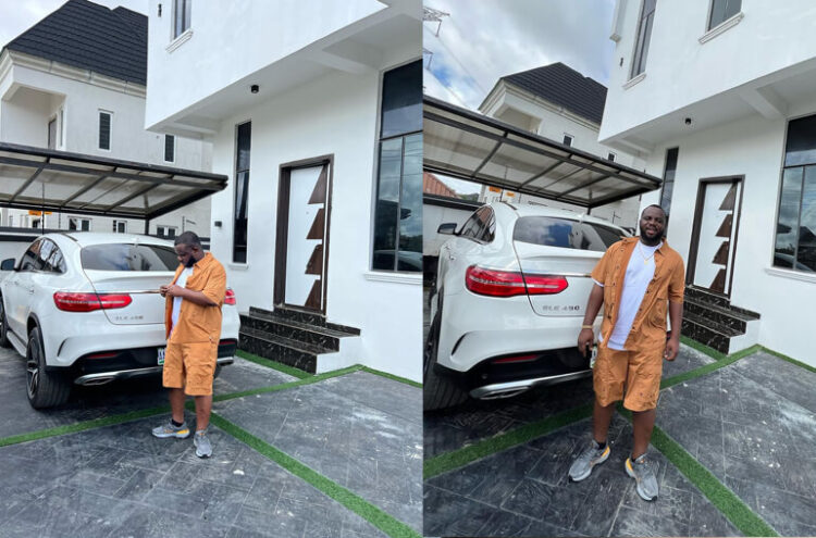 Reactiion as Oga Sabinus returned from UK, pose with white Mercedes Benz GLE