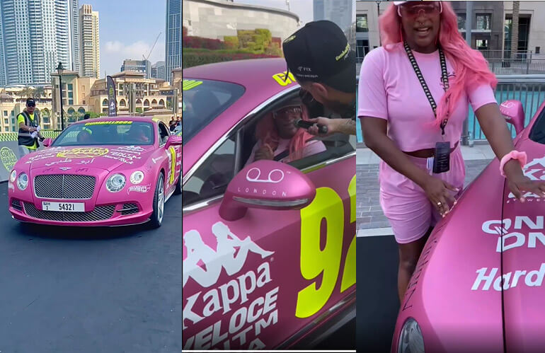 DJ Cuppy shows off her customized pink Bentley car for the 7 day Gumball3000 Rally