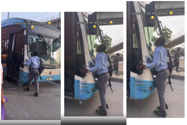 Social media Users React As Lagosian Uses His Body To Wedge A Moving BRT Bus