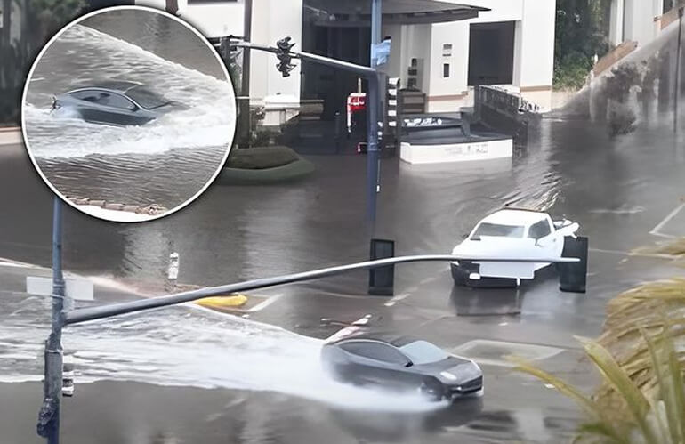 Tesla Model 3 Was Seen Driving Through Flood Waters Over in San Diego Yesterday