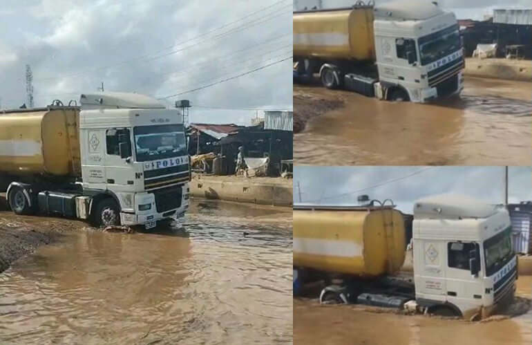 The Moment A Fuel Tanker Nearly Sank Due To Terrible Road