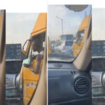 The Moment A Lagos Danfo Driver Was Spotted Eating While Waiting In Traffic, Video Goes Viral