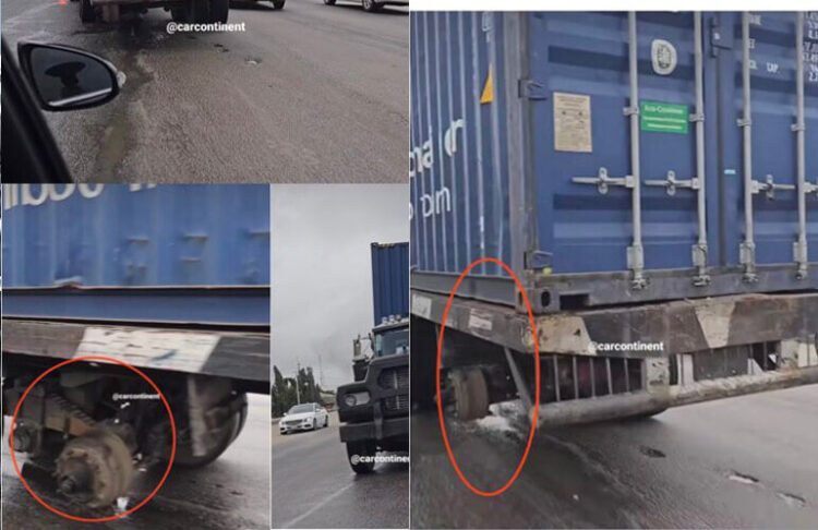 Trailer Carrying a Full-Loaded Container Was Spotted Driving With One Missing Tyre in Lagos