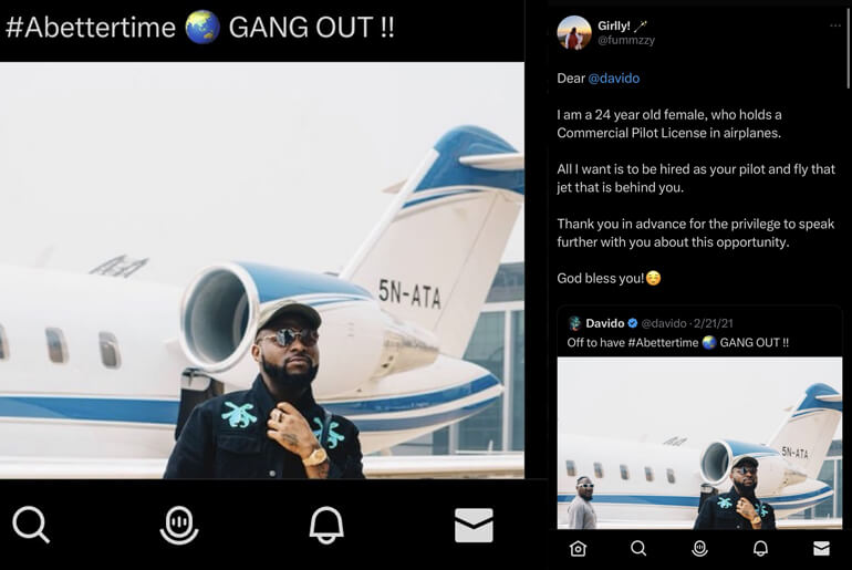 fummzzy Reveals How She Wrote To Davido Asking To Be Hired As Pilot For His Private Jet