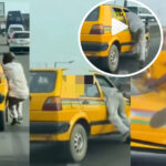 Reactions as two men cling to a moving car in order to settle score with the driver