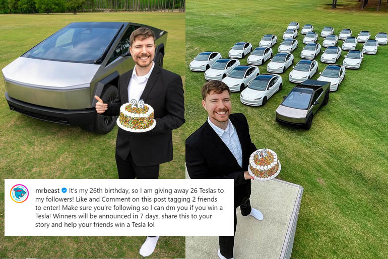 Mr Beast is giving away 25 Tesla cars, One Cyber truck