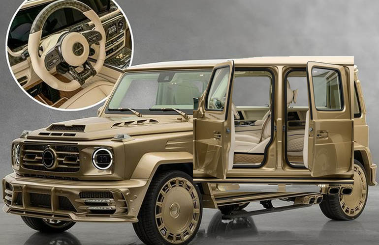 Mansory P900 Ewb Gold Edition Is A Completely Gold-painted G-wagon that comes with Rolls-Royce Doors