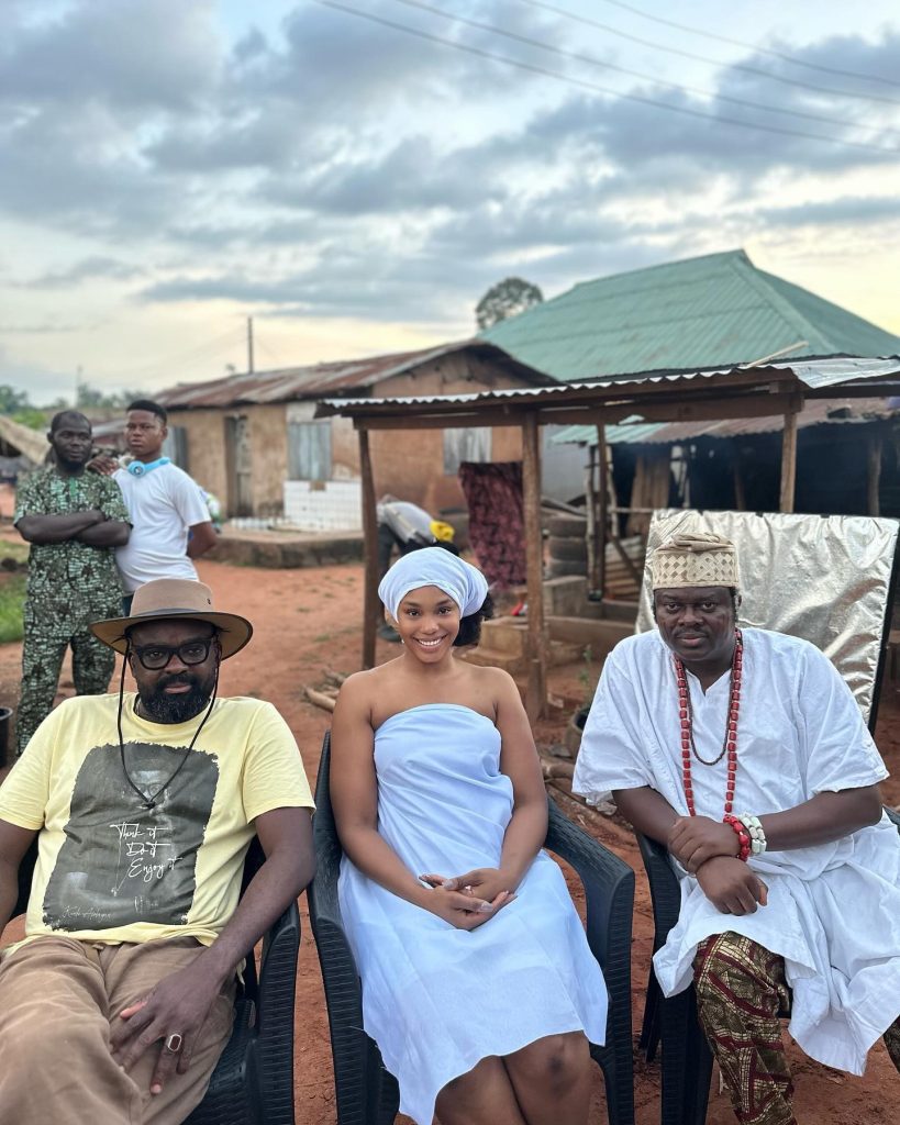 Sharon Ooja on set with Kunle Afolayan and Muyiwa Ademola Authentic