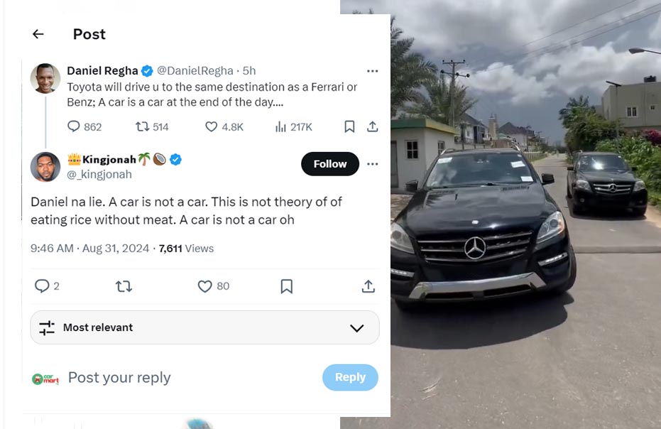 Twitter influencer under attack over comment on 'Toyota will drive u to the same destination as a Ferrari or Benz'